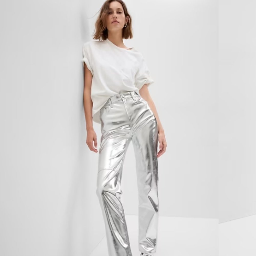 GAP High-Rise Vegan Leather Cheeky Straight Pants - Silver Metallic NWT